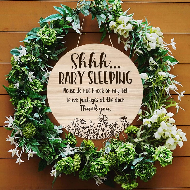Fenarenes Shhh... Baby Sleeping Hanging Sign Plaque, Do Not Knock Or Ring The Bell, Round Sturdy Wooden Door Hanger for Baby Room, Nursery, Kindergarten, Bedroom, Door Knob Decor 12In - Image 5